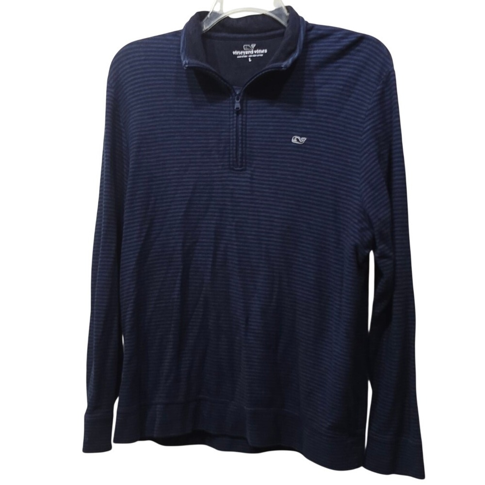 Vineyard Vines Mens Large Navy Striped Pima Cotton Quarter Zip Pullover Sweater
